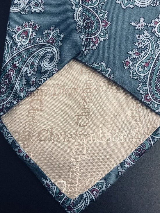 Vintage Christian Dior Silk Tie Made in USA Fabric Woven in Italy Sage Paisley - Picture 5 of 7